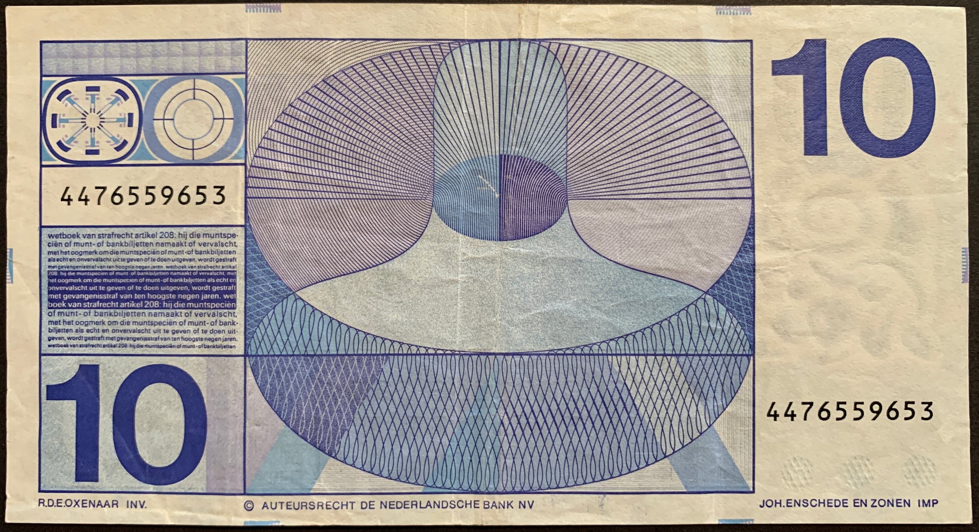 back of The Netherlands 10 Gulden 1968 P-91b collectible banknote