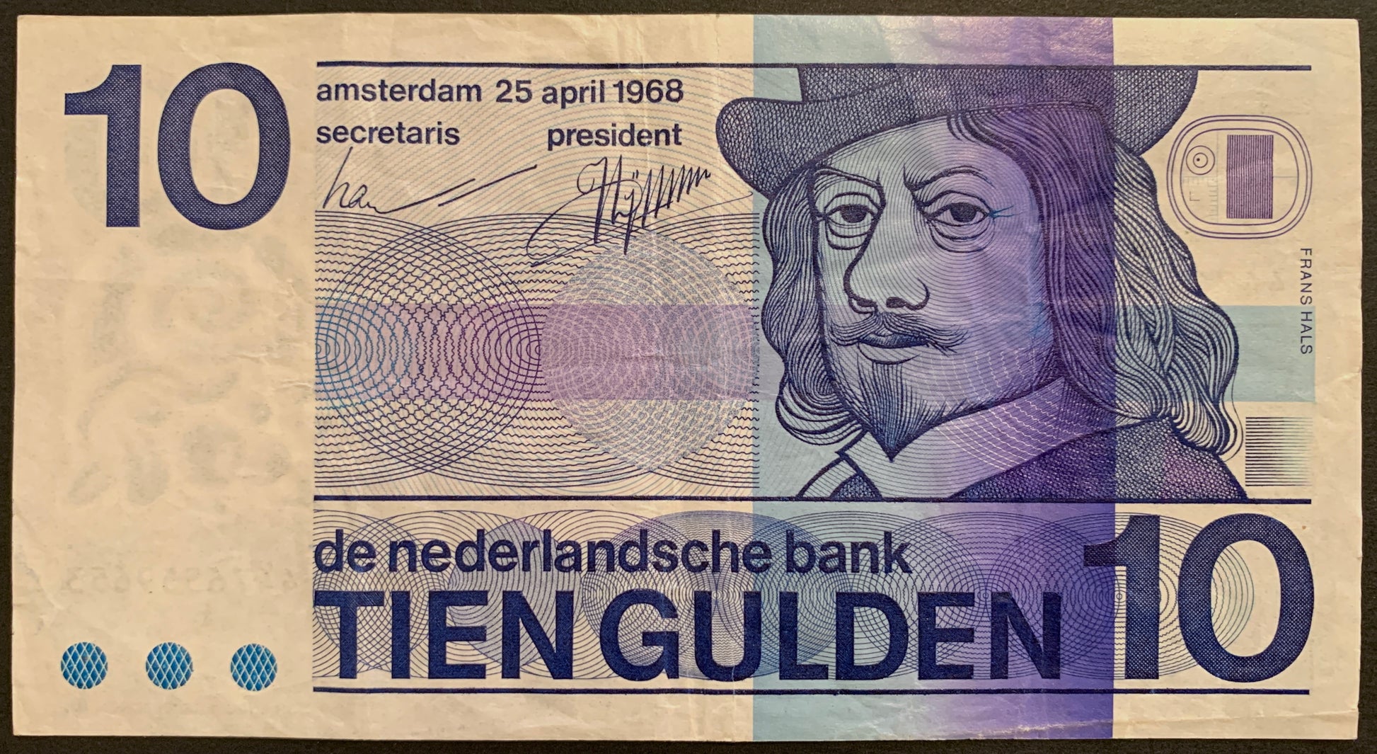 front of The Netherlands 10 Gulden 1968 P-91b collectible banknote with portrait of Frans Hals