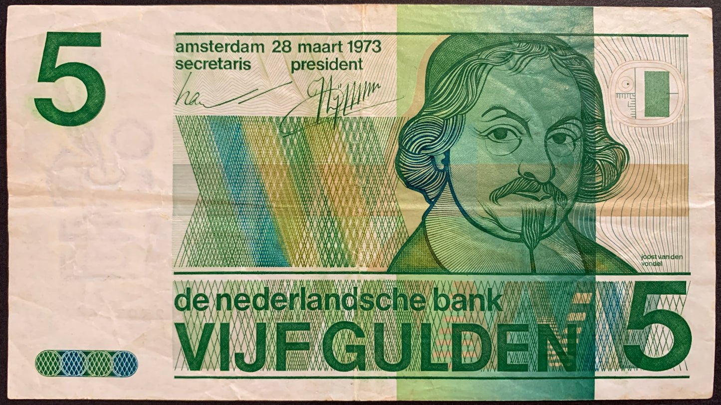 front of The Netherlands 5 Gulden 1973 P-95 collectible vintage banknote with portrait of Joost van den Vondel