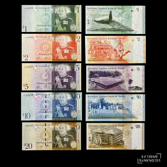 Tonga 1, 2, 5, 10 & 20 Pa'anga 2009 P-37 to P-41 AUNC set – fronts with King George Tupou V, backs with a humpback whale, rugby players, royal tombs and the National Reserve Bank