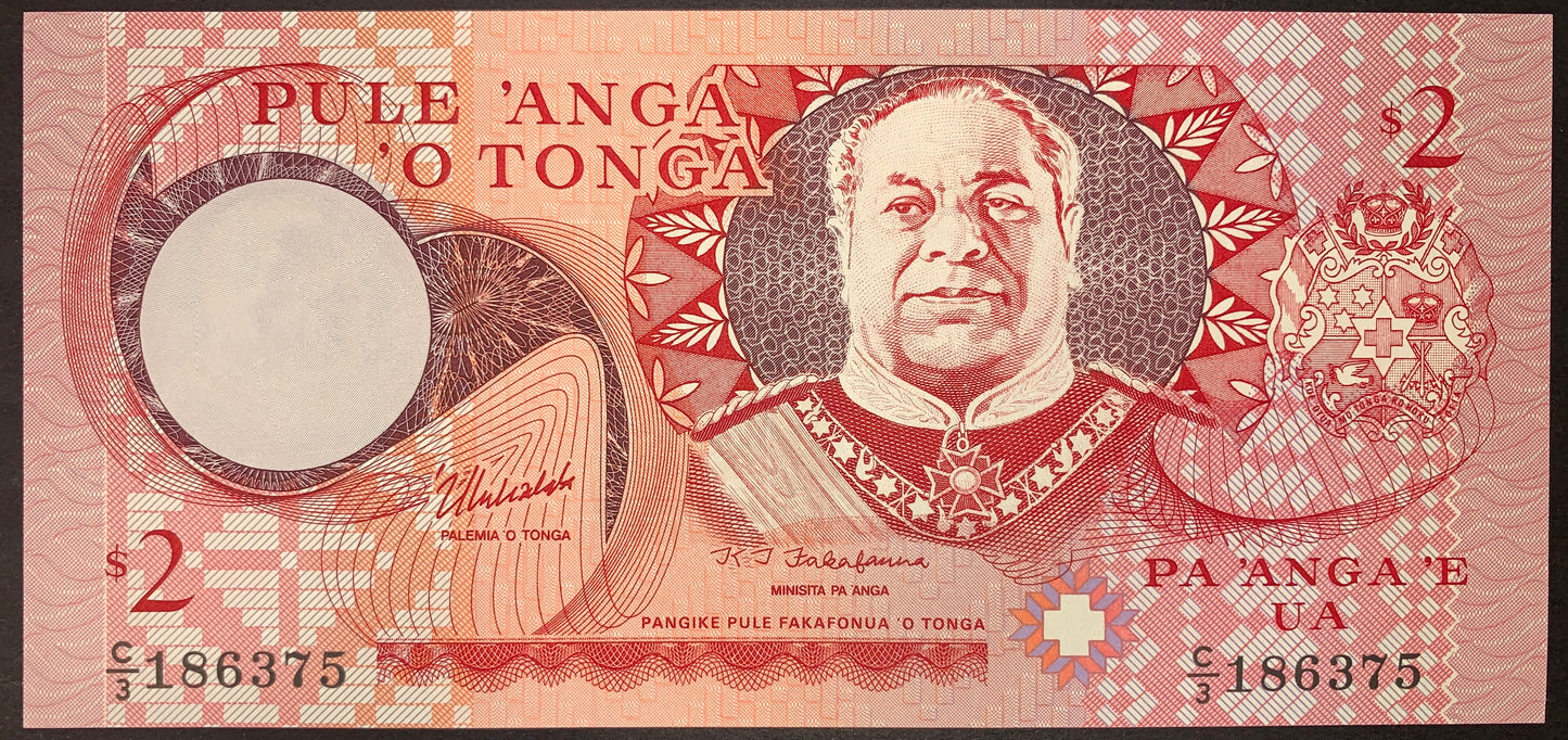 Obverse view of a red and pink Tonga 2 Pa'anga banknote in crisp uncirculated condition. The central-right section displays the detailed portrait of King Tāufaʻāhau Tupou IV in military uniform. The crowned national Coat of Arms is featured on the far right, and a large circular watermark window sits on the left side. The text "PULE 'ANGA O TONGA" is printed at the top left, and the text "PA 'ANGA 'E UA" is printed at the bottom right. The black serial number C/3 186375 is printed on both the lower corners.