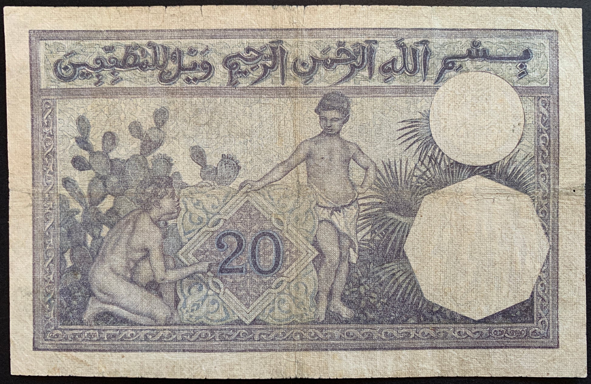 Tunisia 20 Francs 1938 P-6 F (Algeria Overprint) african collectible banknote back with two boys among cacti and plants