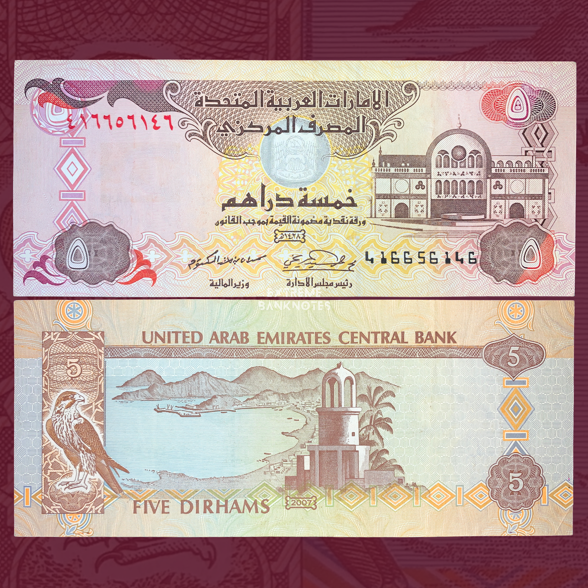 United Arab Emirates 5 Dirhams 2007 P-19d banknote in Very Fine condition featuring Central Bank architecture on the front and falcon with coastal scenery on the reverse