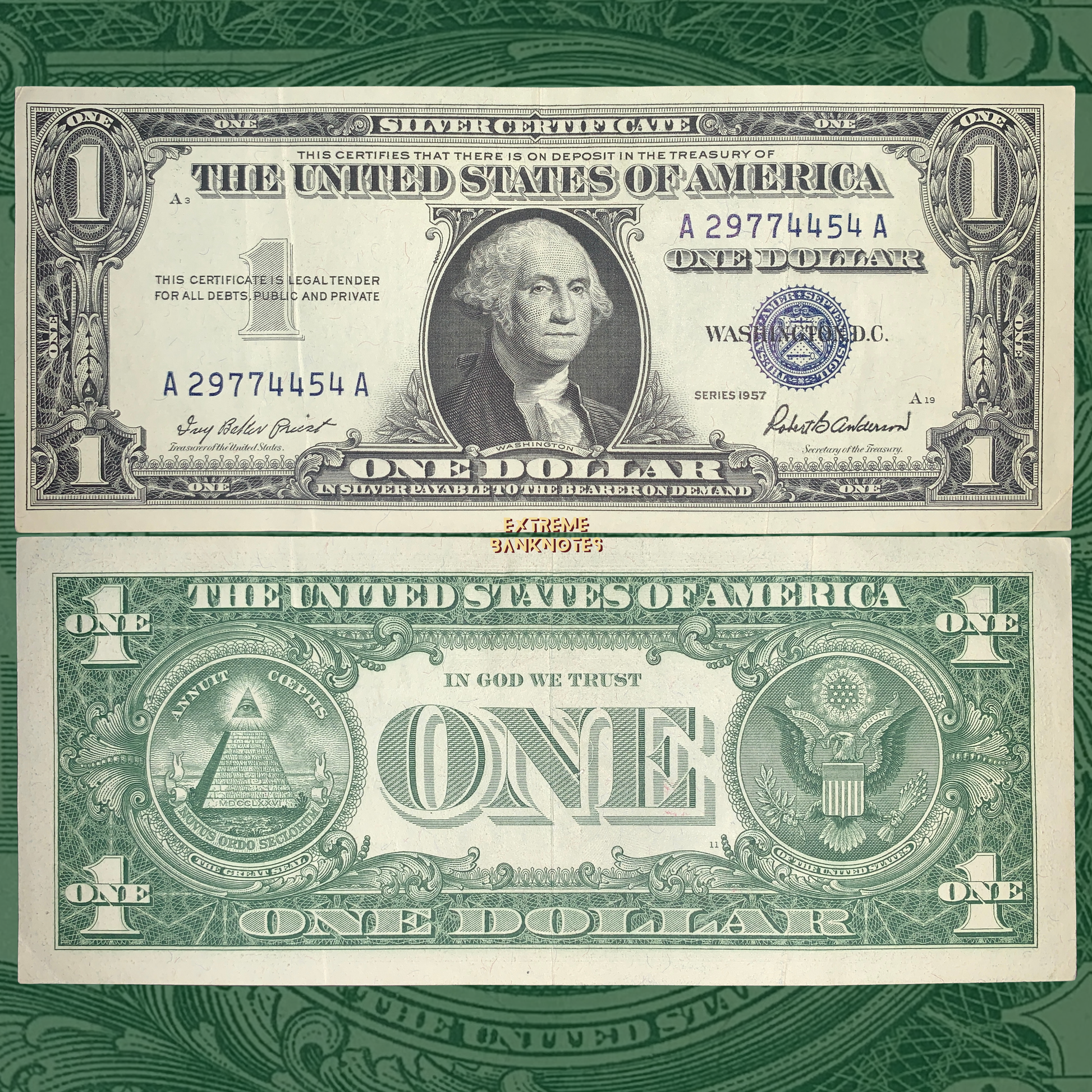 front and back of US 1 Dollar 1957 P-419 VF collectible vintage american banknote
