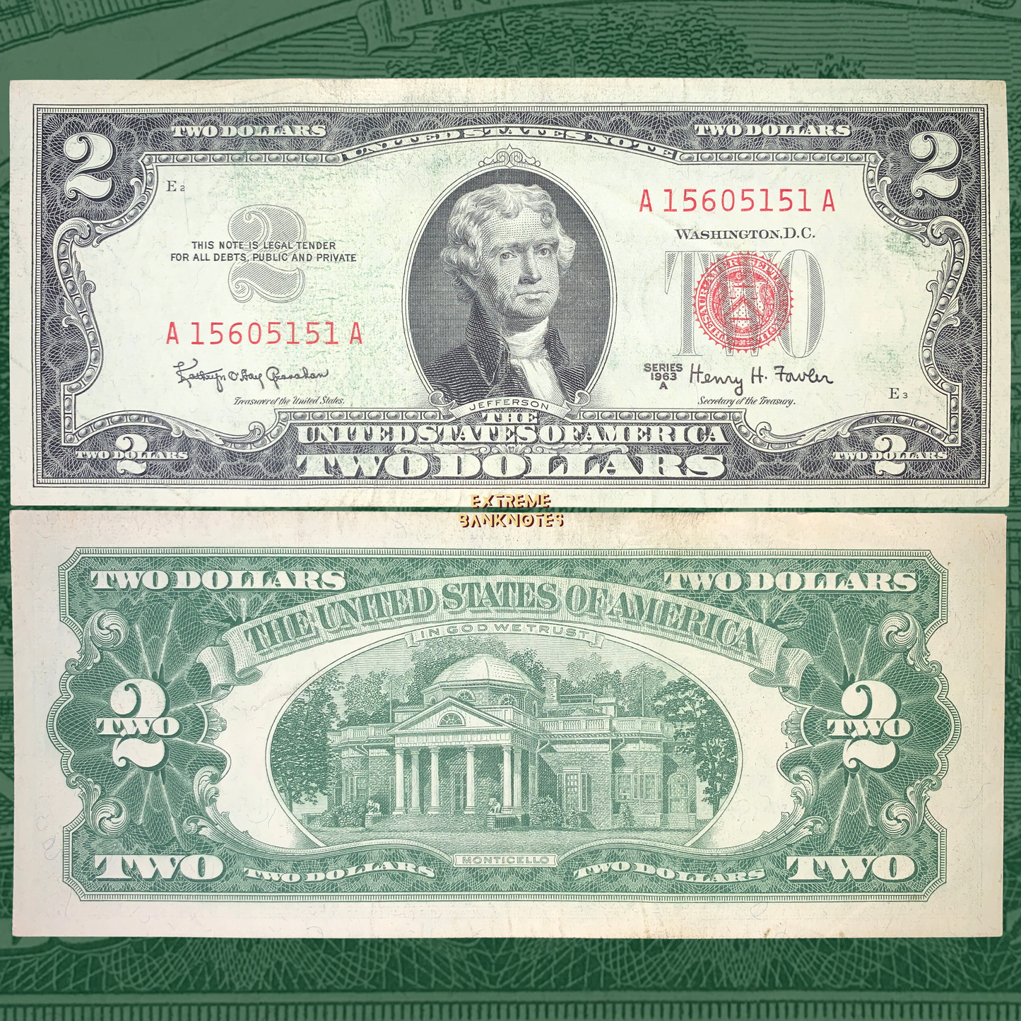 front and back of US 2 Dollars 1963 Series A P-382b VF collectible vintage american banknote with portrait of Thomas Jefferson and Monticello