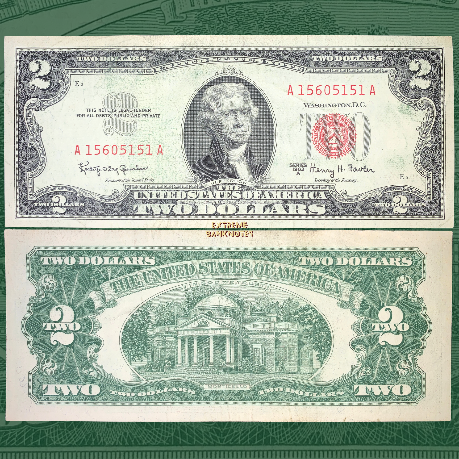 front and back of US 2 Dollars 1963 Series A P-382b VF collectible vintage american banknote with portrait of Thomas Jefferson and Monticello