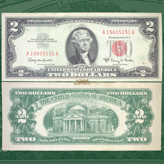 front and back of US 2 Dollars 1963 Series A P-382b VF collectible vintage american banknote with portrait of Thomas Jefferson and Monticello