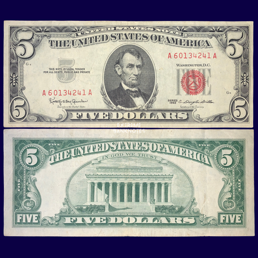 front and back of US 5 Dollars 1963 P-383 VF Red Treasury Seal collectible vintage american banknote with portrait of Abraham Lincoln and Lincoln Memorial