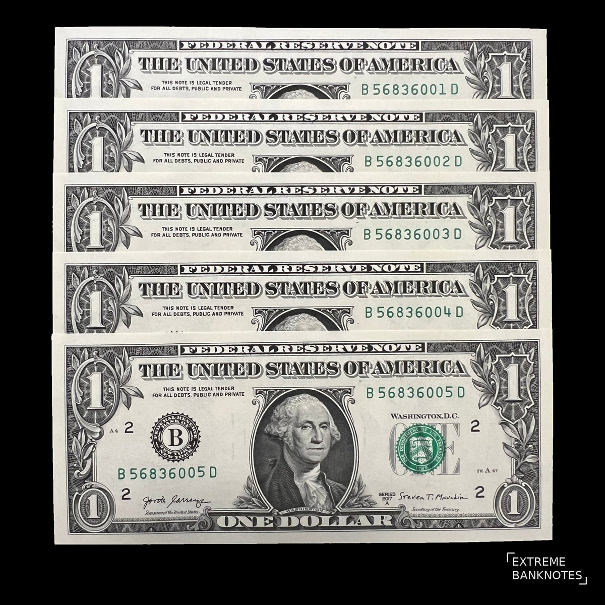 Five consecutive uncirculated USA 1 Dollar Series 2017 A banknotes with George Washington, serial numbers B56836001D to B56836005D.