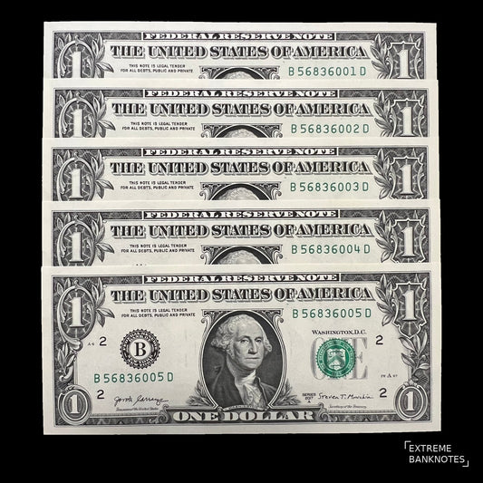 Five consecutive uncirculated USA 1 Dollar Series 2017 A banknotes with George Washington, serial numbers B56836001D to B56836005D.