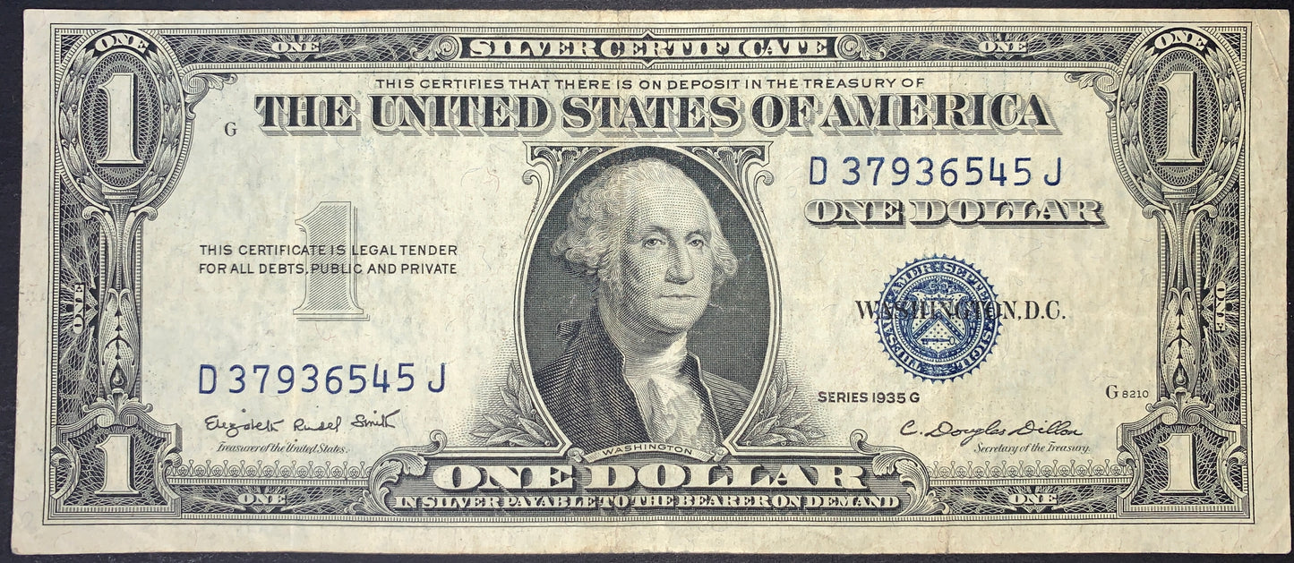 front of USA 1 Dollar Silver Certificate 1935 G P-416NM VF collectible vintage banknote with portrait of George Washington and blue Treasury seal