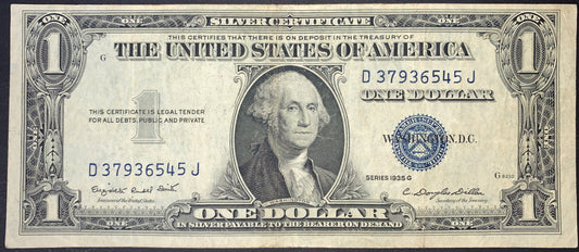 front of USA 1 Dollar Silver Certificate 1935 G P-416NM VF collectible vintage banknote with portrait of George Washington and blue Treasury seal