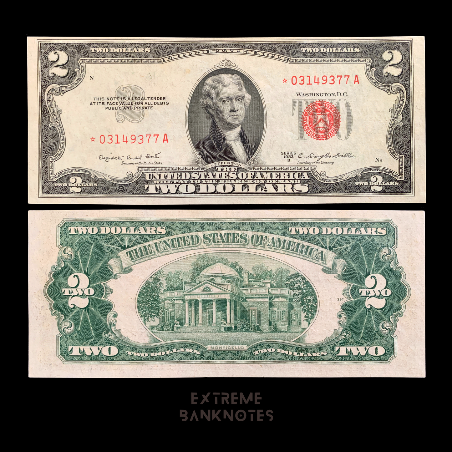 front and back side of USA 2 Dollars 1953 B✩ P-380b XF collectible banknote