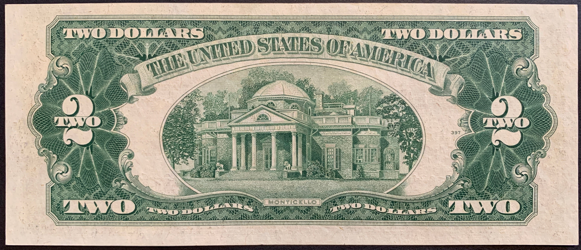 back of USA 2 Dollars 1953 B✩ P-380b XF collectible banknote with Monticello, Jefferson’s historic Virginia estate