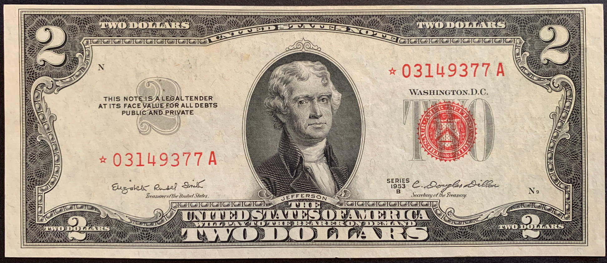 front of USA 2 Dollars 1953 B✩ P-380b XF with portrait of Thomas Jefferson