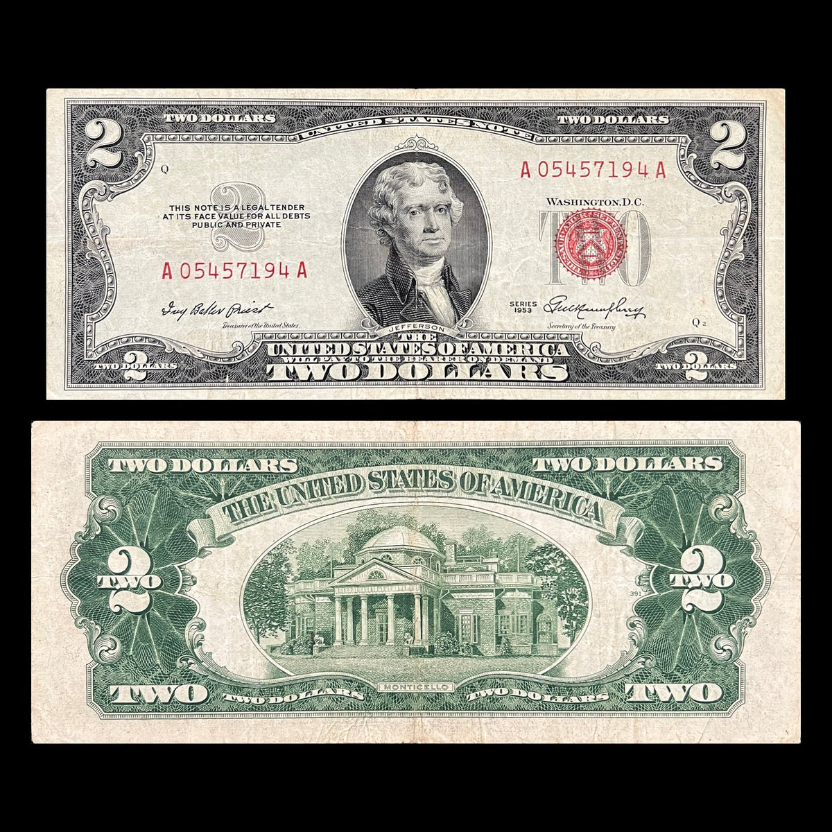 USA 2 Dollars 1953 Red Seal P-380 VF banknote – front with Thomas Jefferson and red seal, back with Monticello