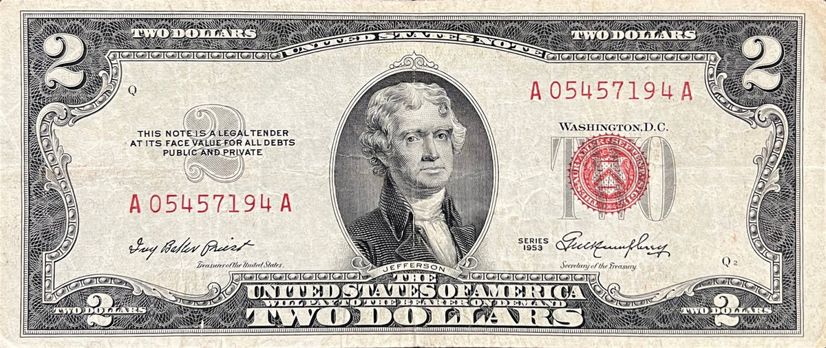 Front view of a very fine Series 1953 USA 2 Dollars red seal United States Note featuring Thomas Jefferson, serial A05457194A.