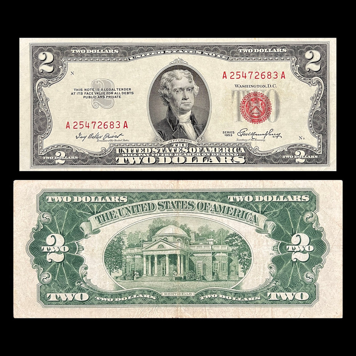 USA 2 Dollars 1953 Red Seal P-380 XF banknote – front with Thomas Jefferson and red seal, back with Monticello