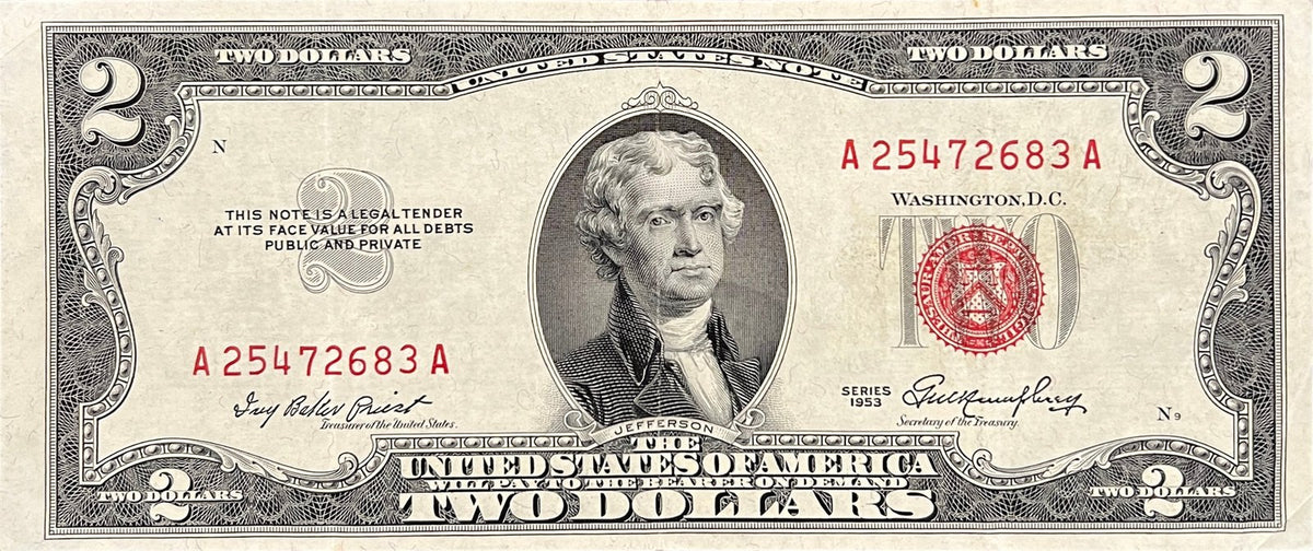 Front view of an extremely fine Series 1953 USA 2 Dollars red seal United States Note featuring Thomas Jefferson, serial A25472683A.