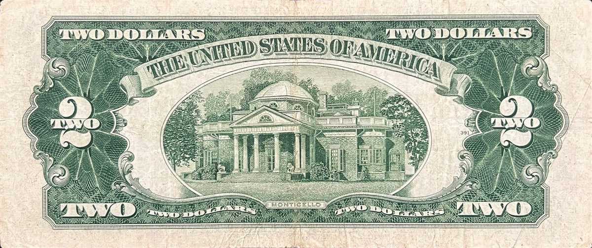 Back view of a Series 1953 USA 2 Dollars banknote showing Monticello, the home of Thomas Jefferson.
