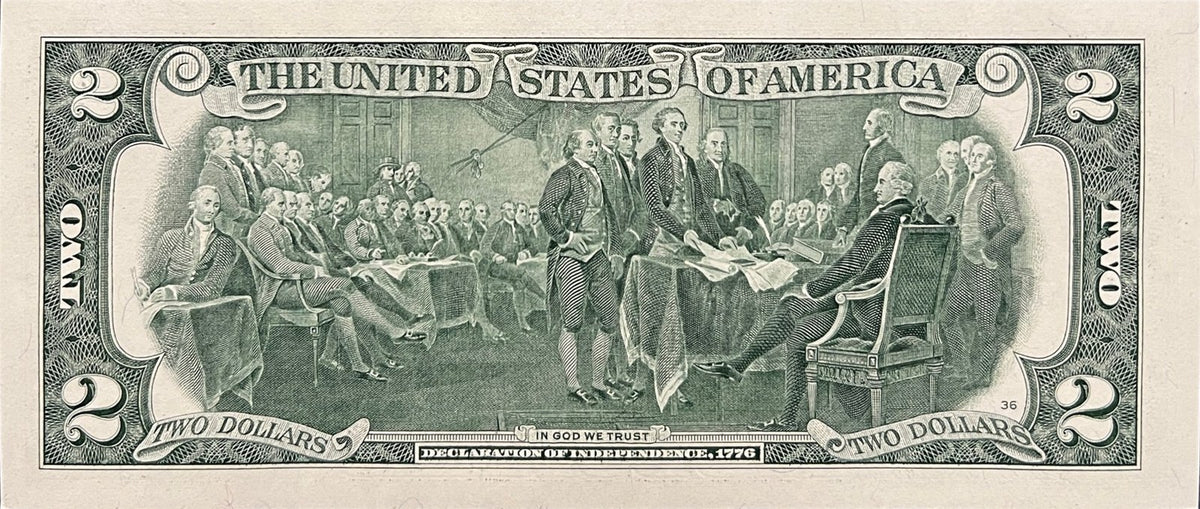 Back view of a Series 2013 United States 2 Dollar bill showing John Trumbull's Declaration of Independence painting.