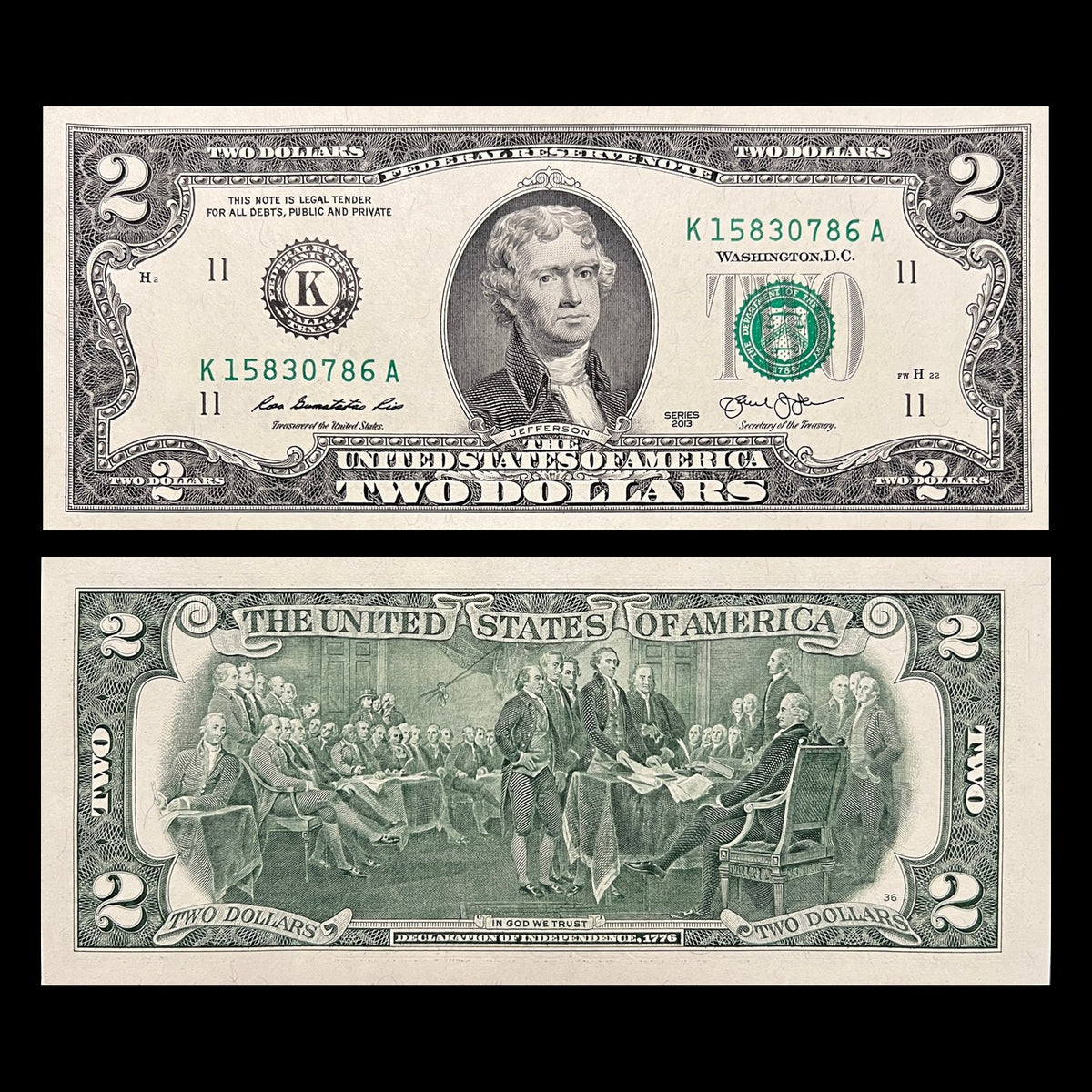 USA 2 Dollars 2013 K Dallas P-538 UNC banknote – front with Thomas Jefferson, back with the signing of the Declaration of Independence