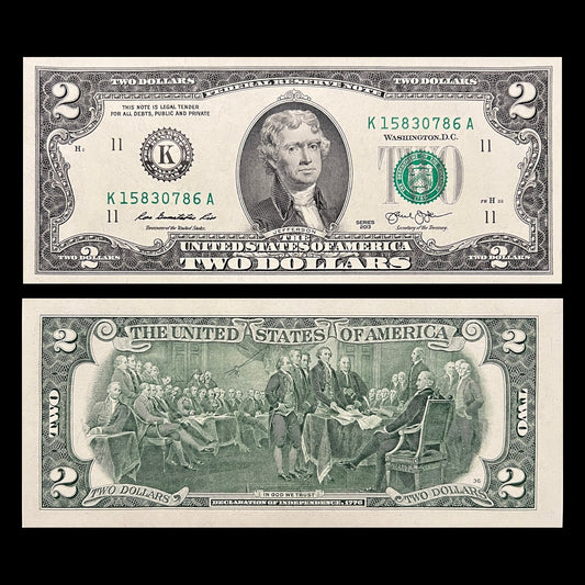 USA 2 Dollars 2013 K Dallas P-538 UNC banknote – front with Thomas Jefferson, back with the signing of the Declaration of Independence
