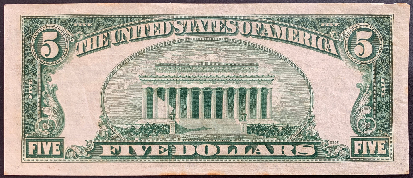 back of USA 5 Dollars 1953 P-381 VF collectible banknote with Lincoln memorial