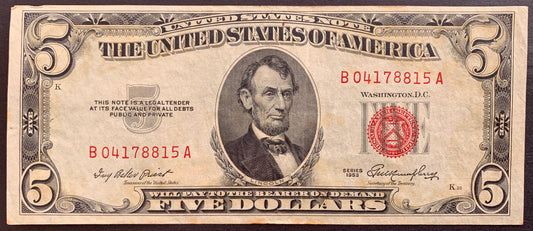 front of USA 5 Dollars 1953 P-381 VF collectible banknote with portrait of Abraham Lincoln and red treasury seal