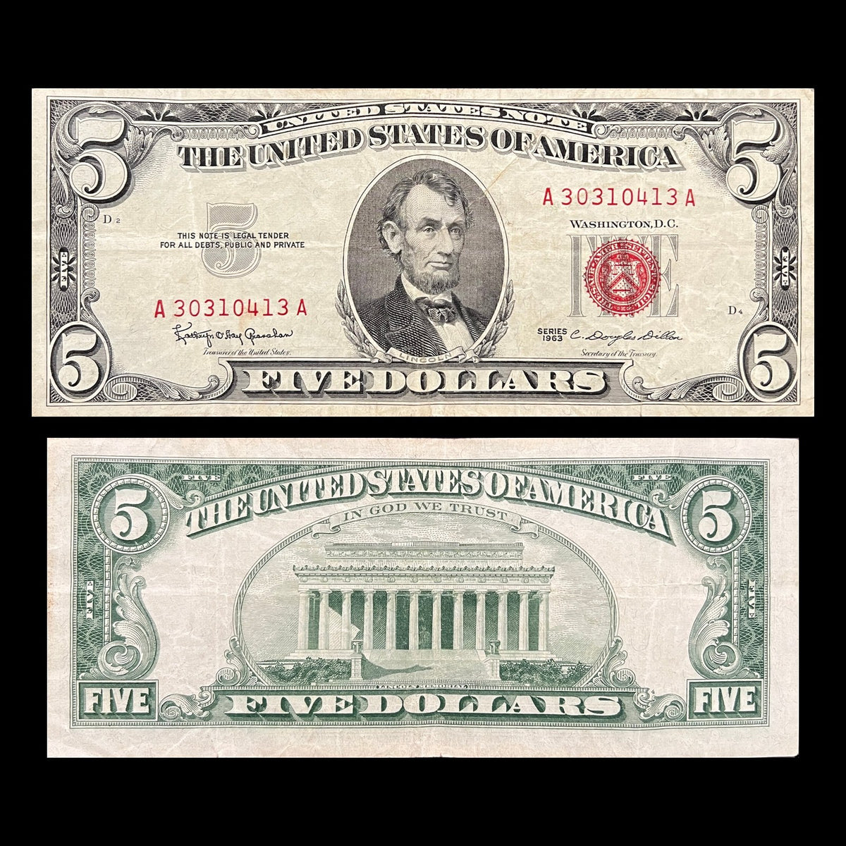 USA 5 Dollars 1963 Red Seal P-383 VF banknote – front with Abraham Lincoln and red seal, back with the Lincoln Memorial
