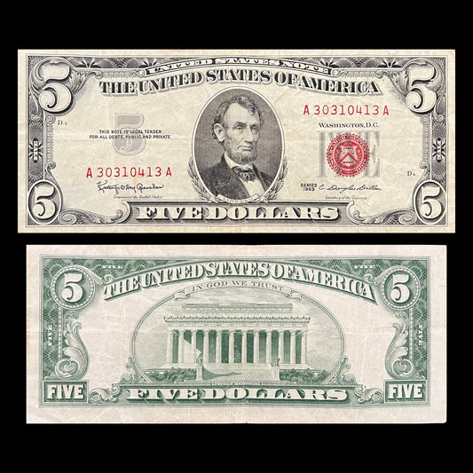 USA 5 Dollars 1963 Red Seal P-383 VF banknote – front with Abraham Lincoln and red seal, back with the Lincoln Memorial