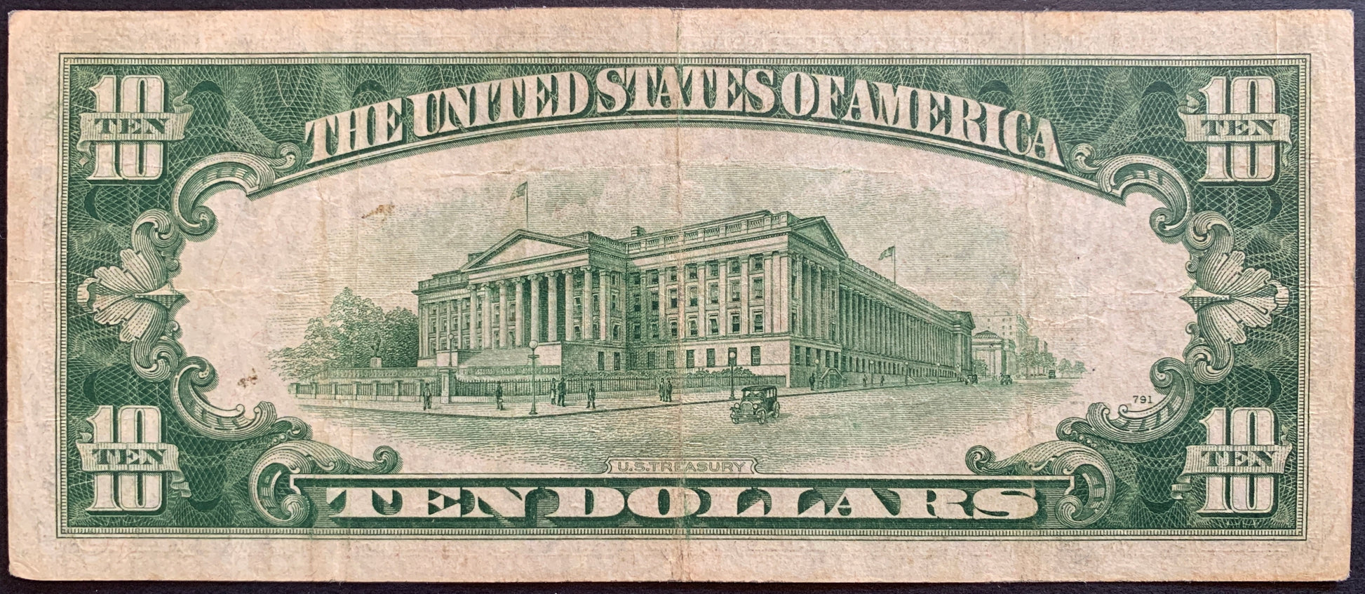 Back of USA Silver Certificate 10 Dollars 1934 A P-415Y VF yellow seal collectible vintage banknote with building of US Treasury