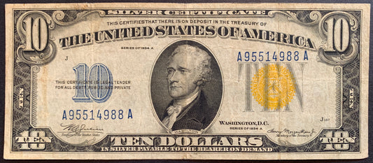 Front of USA Silver Certificate 10 Dollars 1934 A P-415Y VF yellow seal collectible banknote wirh portrait of Alexander Hamilton and yellow Treasury seal