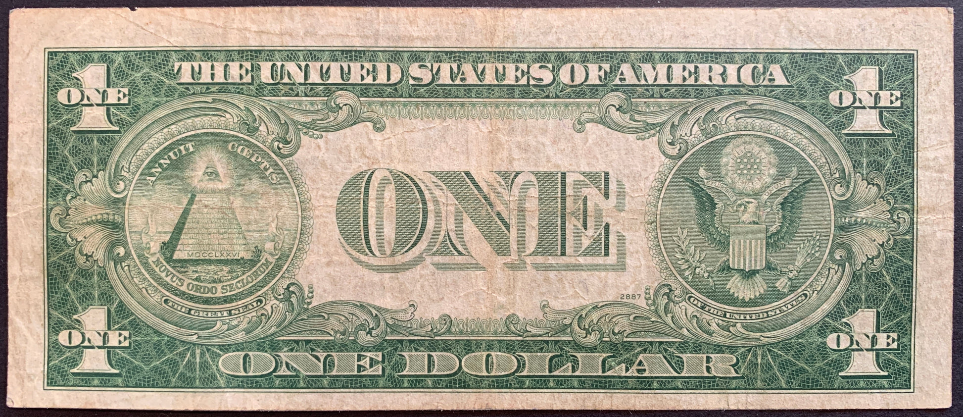 back of USA Silver Certificate 1 Dollar 1935 A P-416AY F+ Yellow Seal vintage collectible banknote showing classic Great Seal design and vintage U.S. engraving.