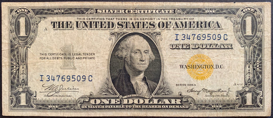 front of USA Silver Certificate 1 Dollar 1935 A P-416AY F+ Yellow Seal vintage collectible banknote with portraite of George Washington