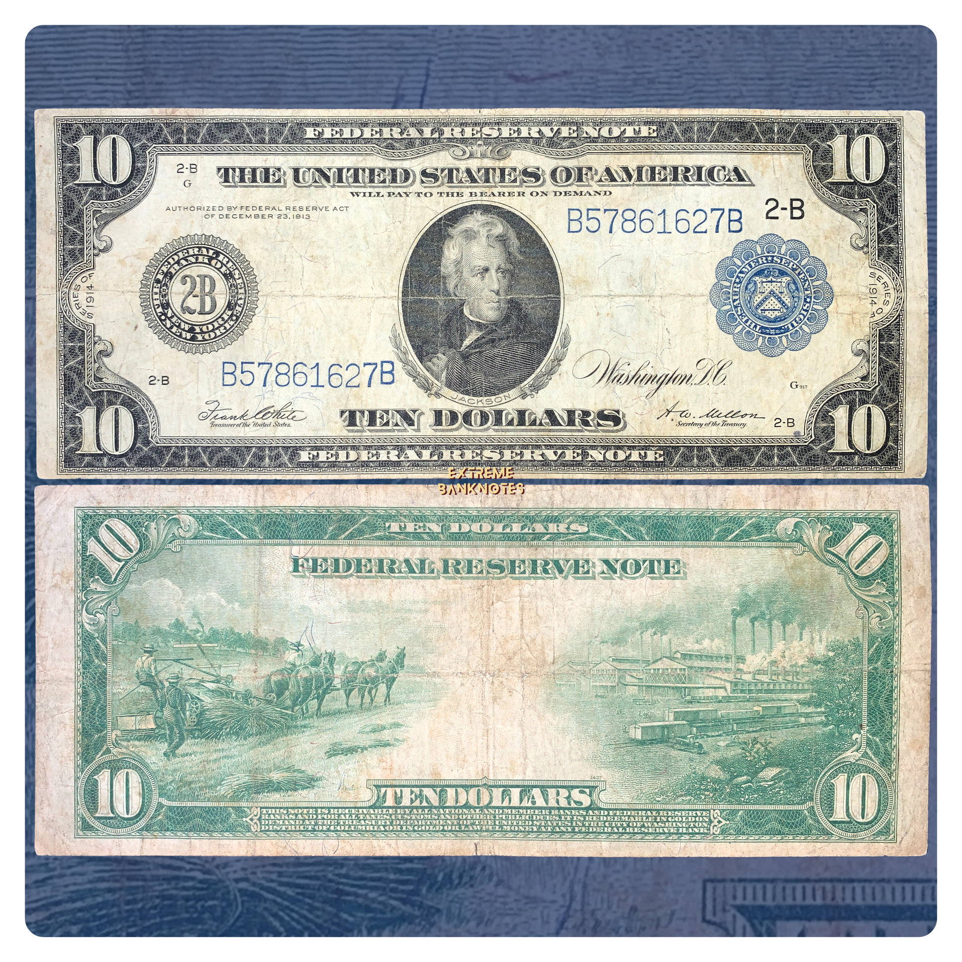 front and back of US 10 Dollars Federal Reserve Note 1914 P-360b F+ collectible vintage banknote