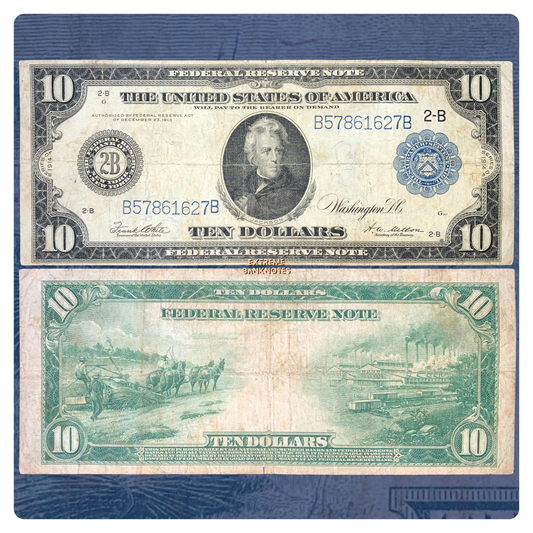 front and back of US 10 Dollars Federal Reserve Note 1914 P-360b F+ collectible vintage banknote