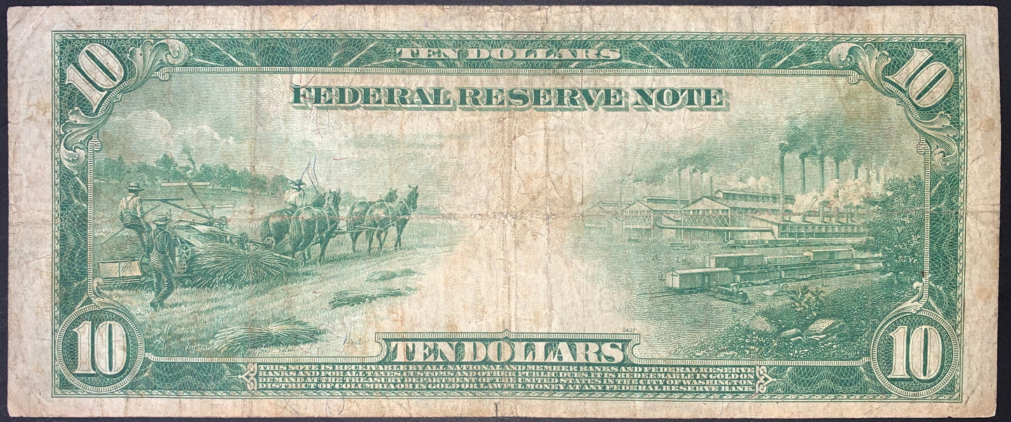 back of US 10 Dollars Federal Reserve Note 1914 P-360b F+ collectible vintage banknote with horses pulling agricultural equipment and Industrial factory scene