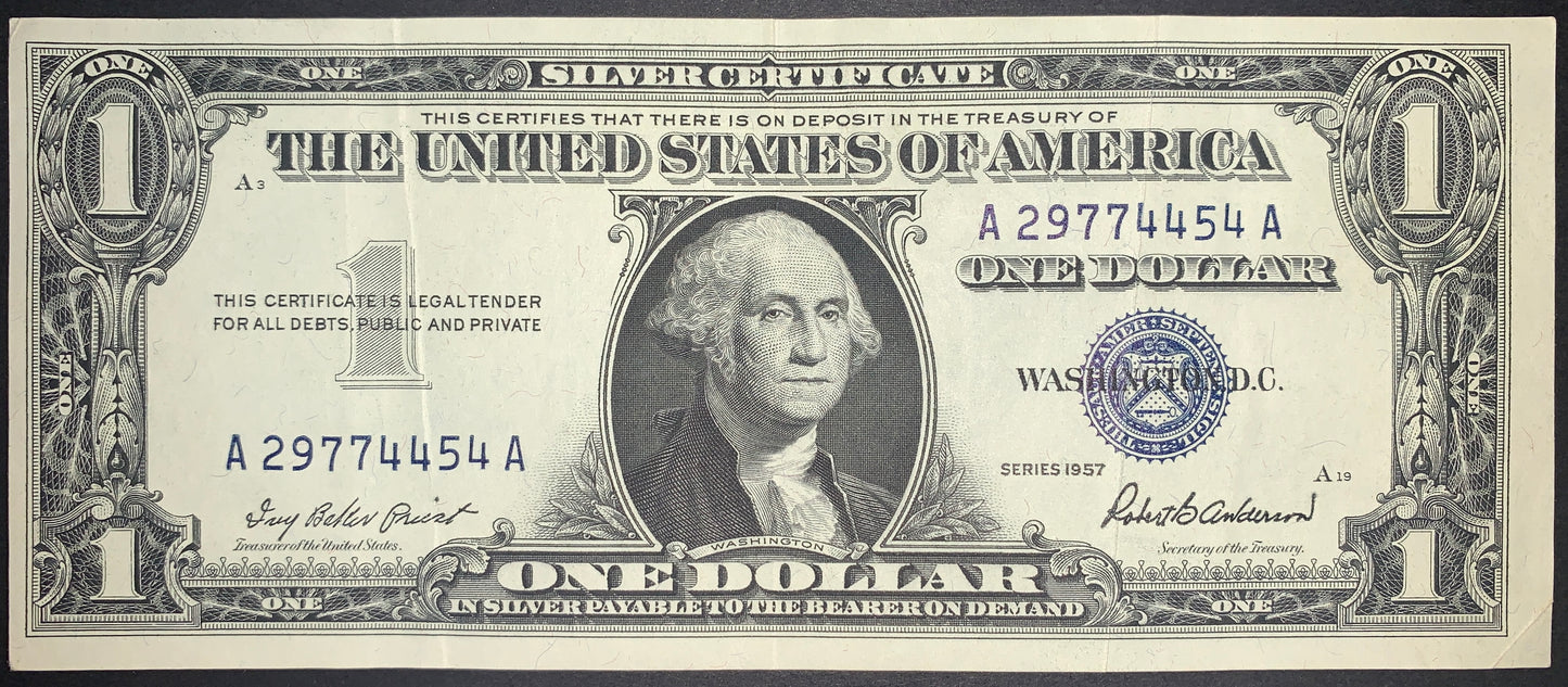 front of US 1 Dollar 1957 P-419 VF collectible vintage banknote with portrait of George Washington