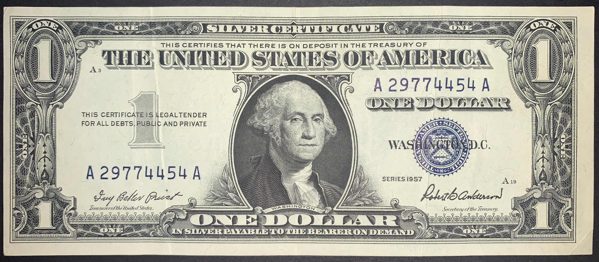 front of US 1 Dollar 1957 P-419 VF collectible vintage banknote with portrait of George Washington