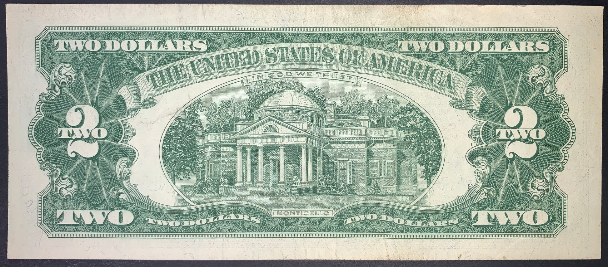 back of US 2 Dollars 1963 Series A P-382b VF collectible vintage american banknote with Monticello