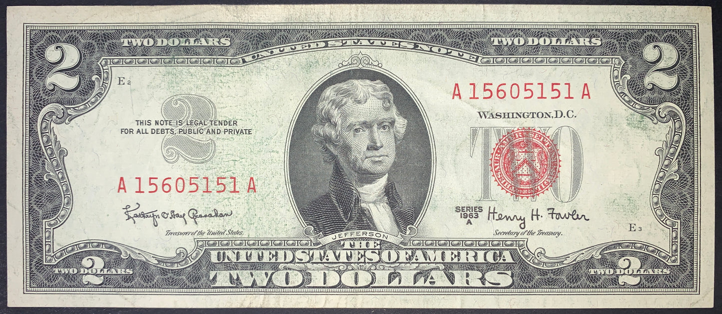 front of US 2 Dollars 1963 Series A P-382b VF collectible vintage american banknote with portrait of Thomas Jefferson