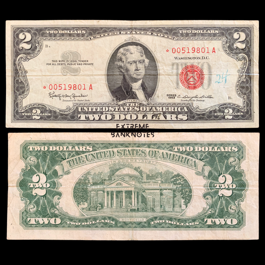 front and back of US 2 Dollars 1964 A★ P-382a VF collectible banknote