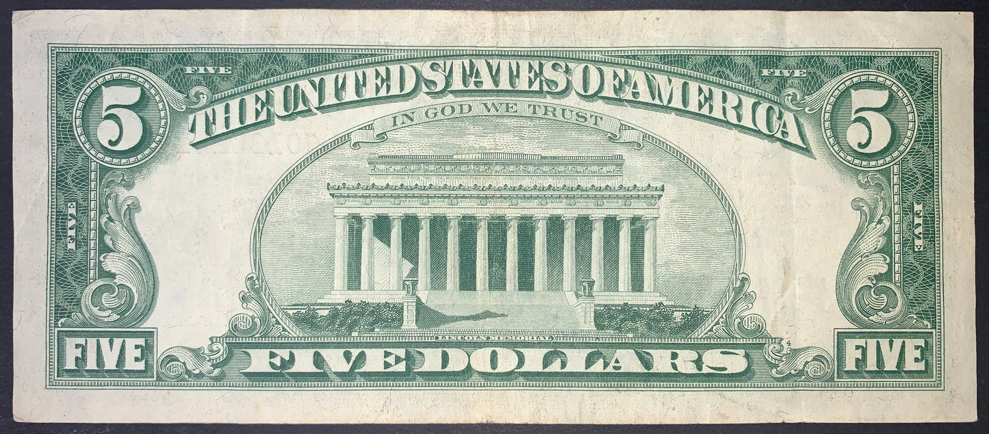 back of US 5 Dollars 1963 P-383 VF Red Treasury Seal collectible vintage american banknote with Lincoln Memorial