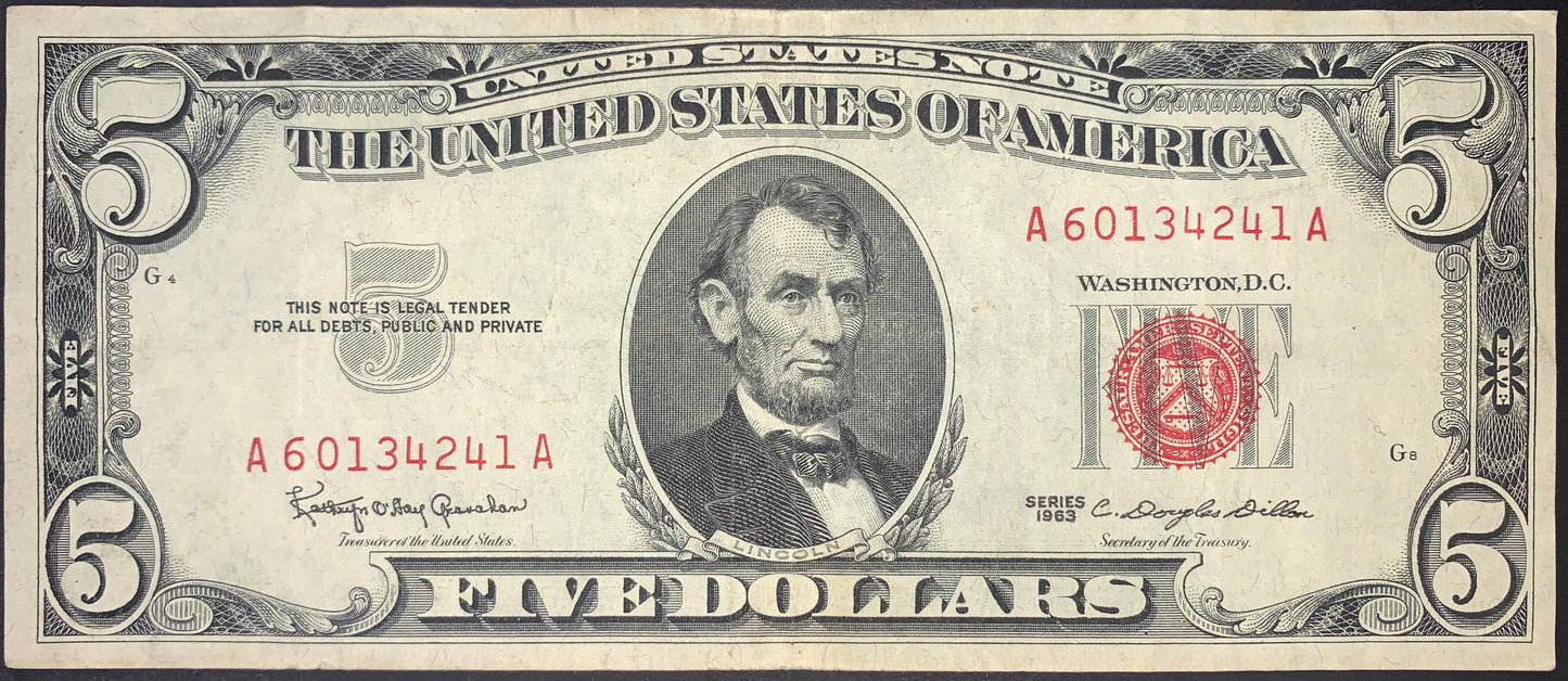 front of US 5 Dollars 1963 P-383 VF Red Treasury Seal collectible vintage american banknote with portrait of Abraham Lincoln and red Treasury Seal