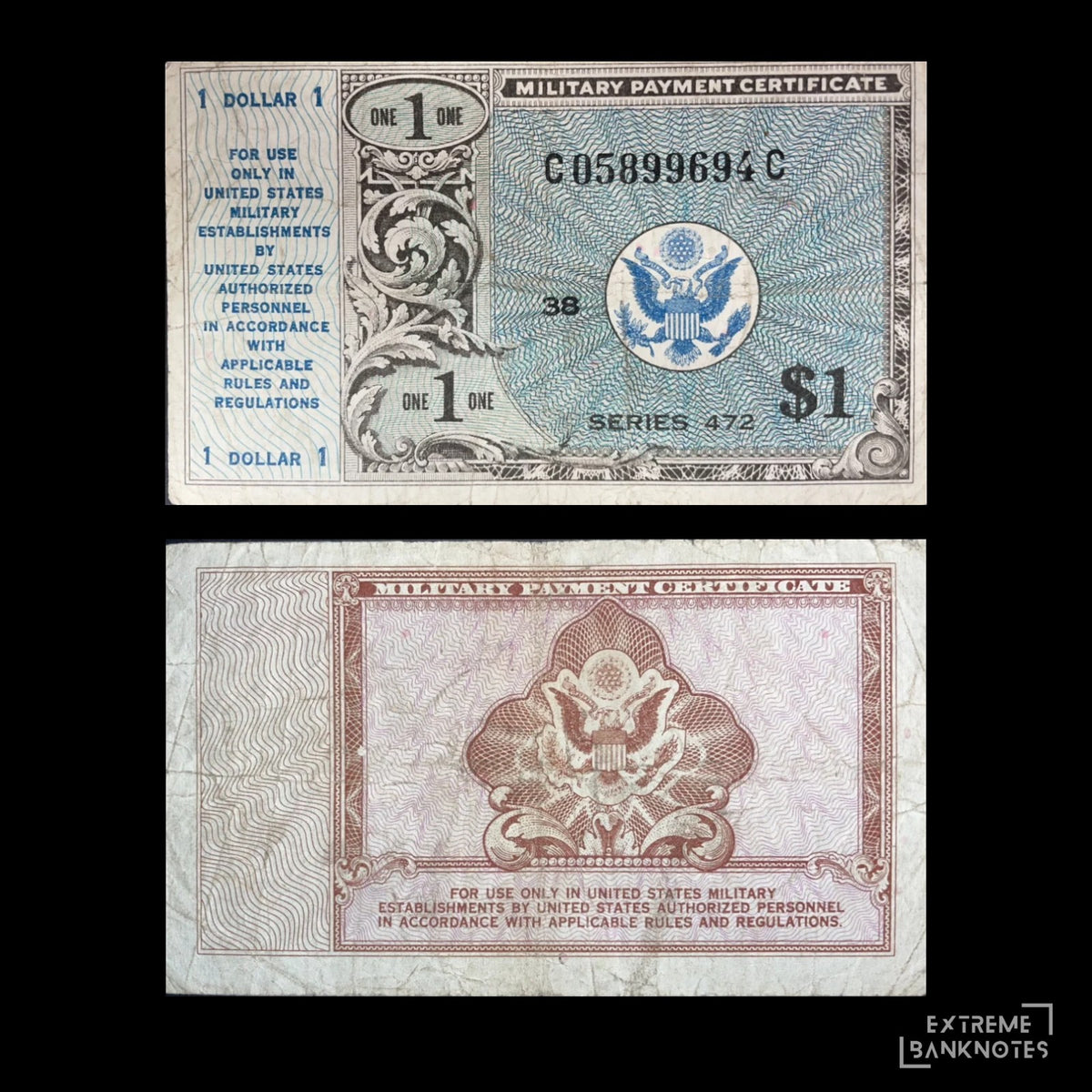 1948–1951 US Military Payment Certificate 1 Dollar, Series 472, showing the US eagle emblem on both sides with intricate engraved patterns.