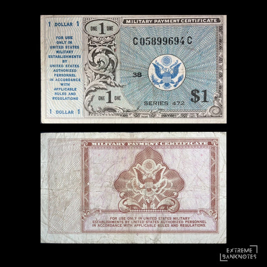 1948–1951 US Military Payment Certificate 1 Dollar, Series 472, showing the US eagle emblem on both sides with intricate engraved patterns.