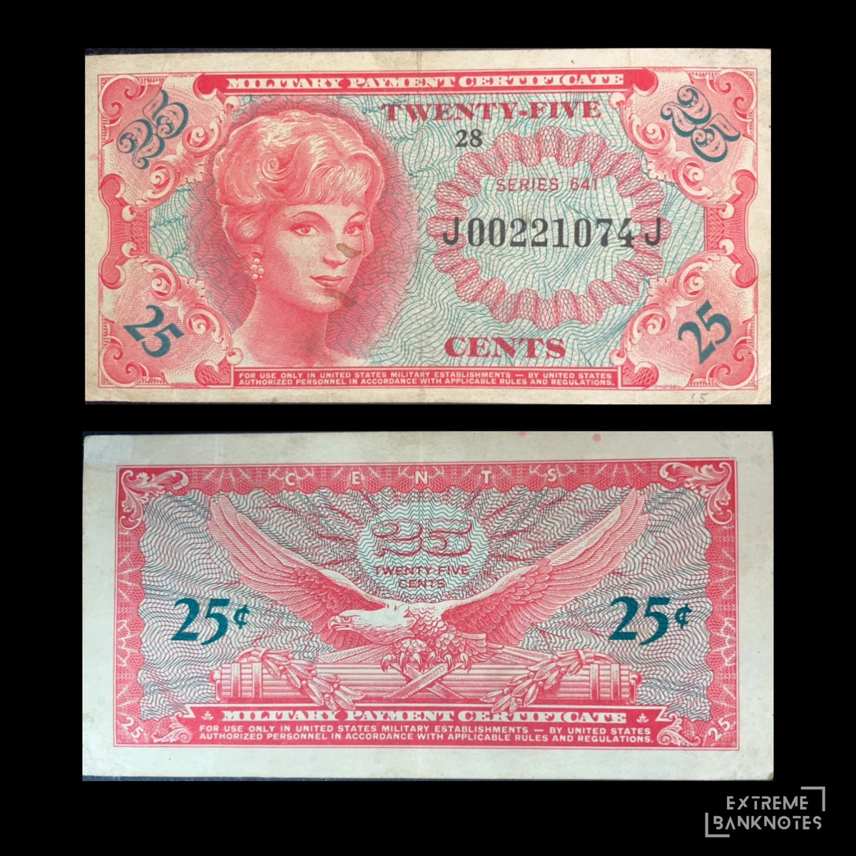 1965–1968 US Military Payment Certificate 25 Cents, Series 641, featuring a portrait on the front and an eagle with crossed cannon on the reverse.