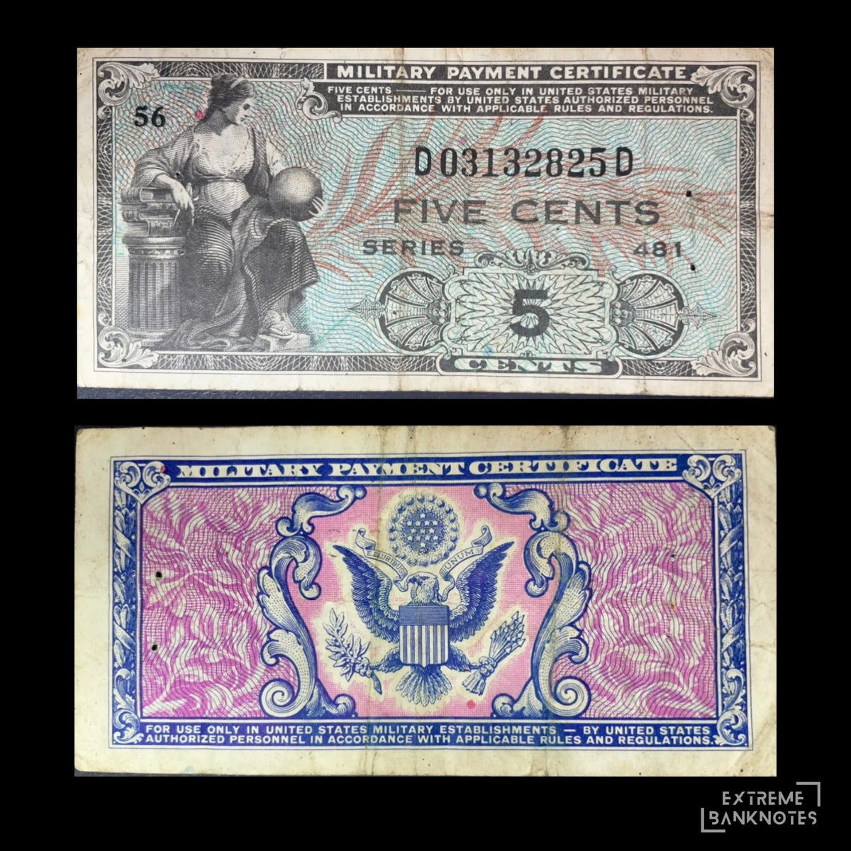 1951 US Military Payment Certificate 5 Cents, Series 481, showing a seated female figure on the front and the US eagle emblem on the reverse.