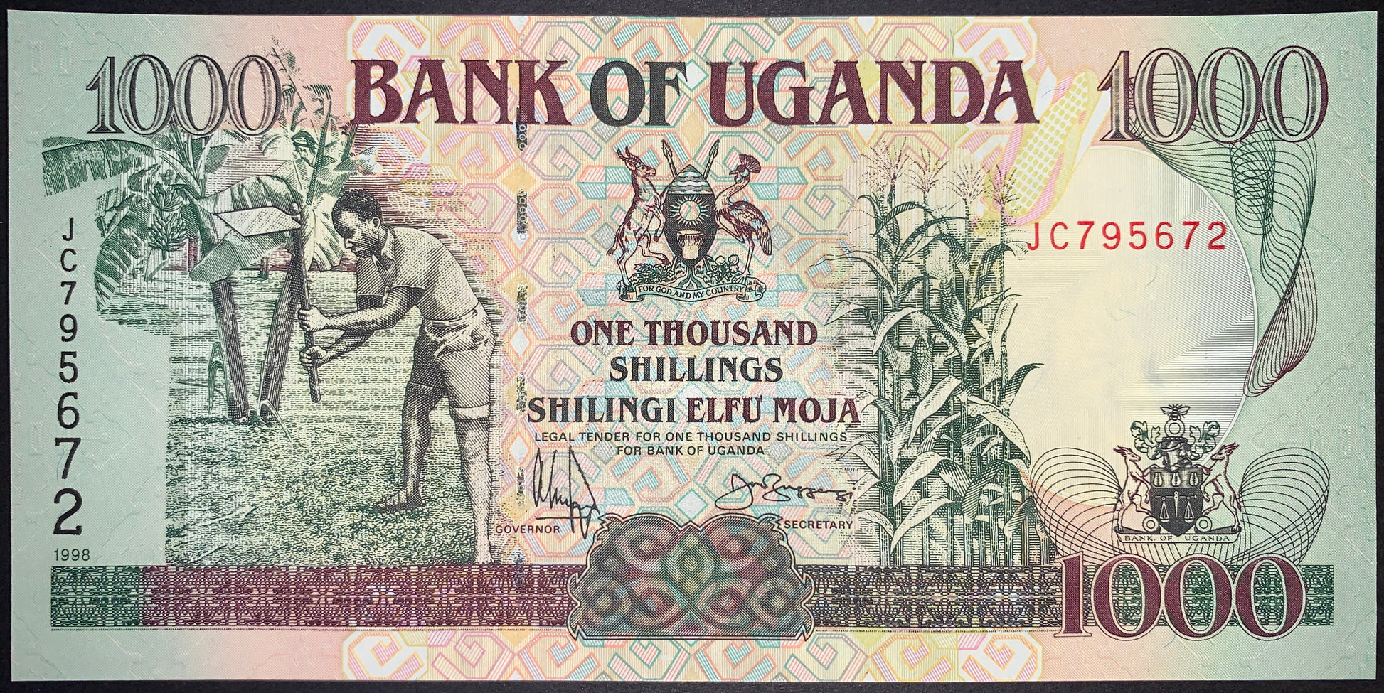 front of Uganda 1000 Shillings 1998 P-36d collectible vintage african banknote